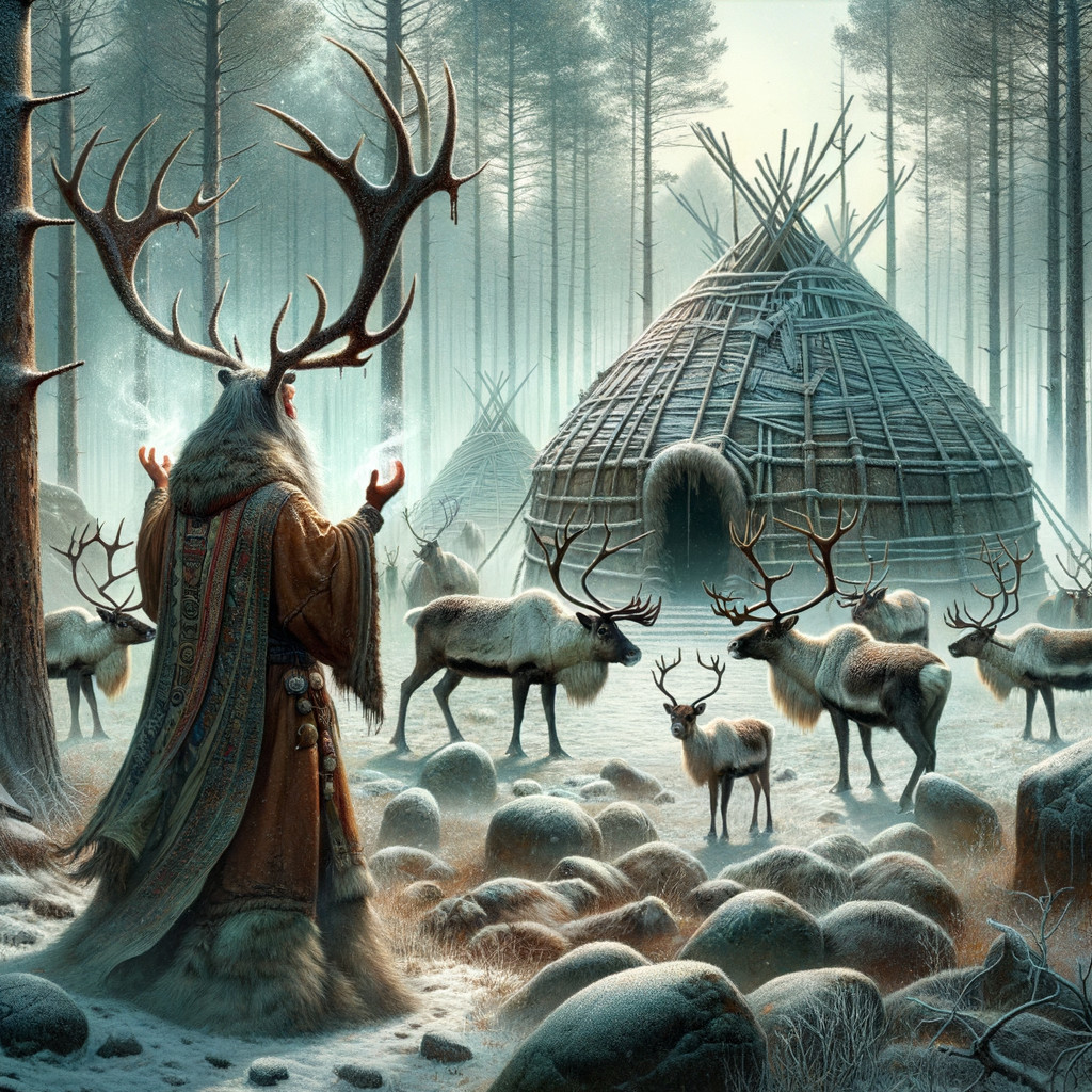 Mystical Forest Scene with Bearded Figure and Reindeer