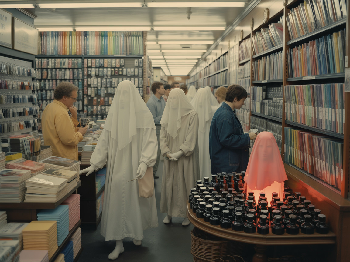 Art Supply Store with Ethereal Figures and Glow