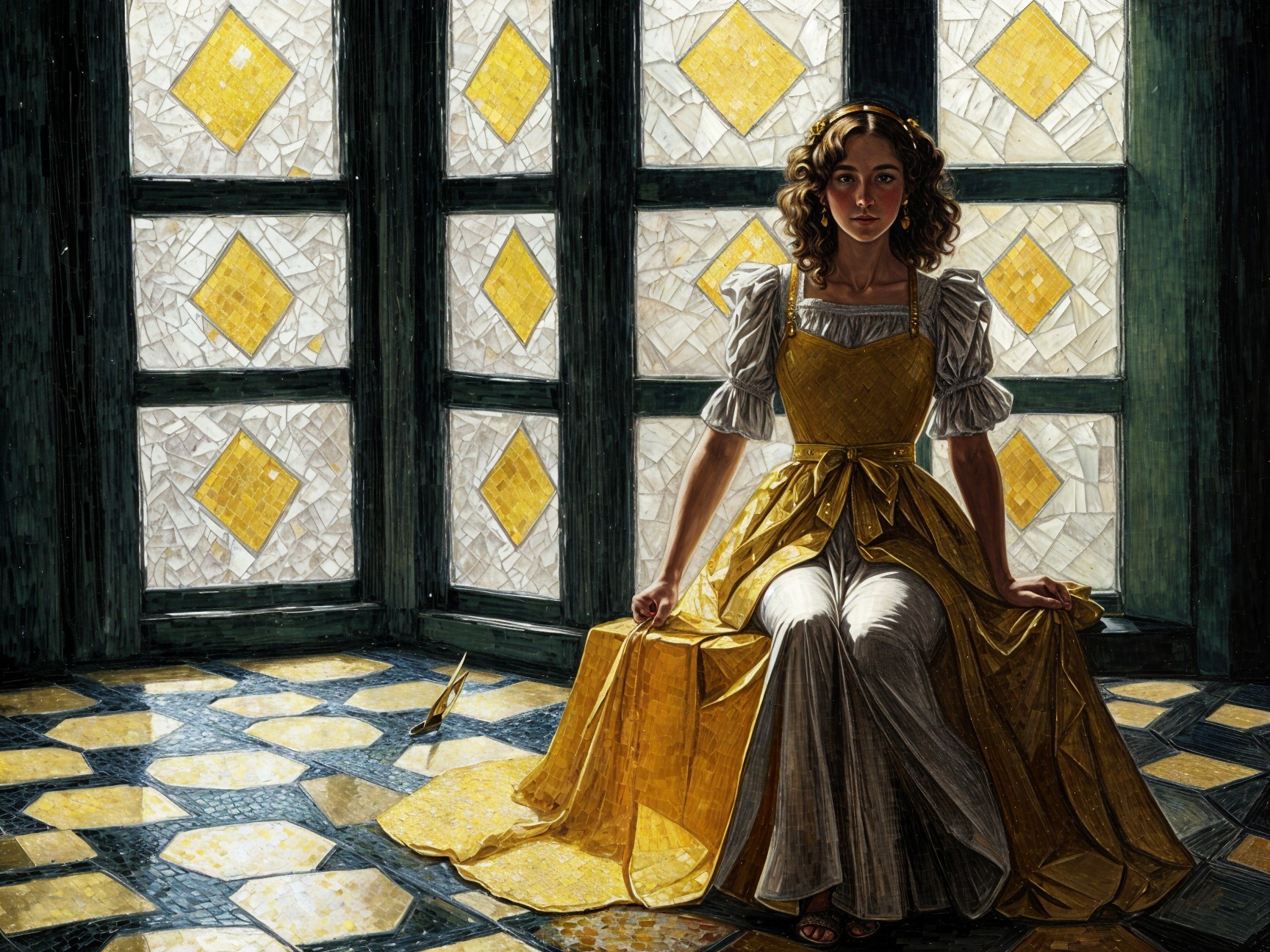 Young woman in yellow dress by stained glass window