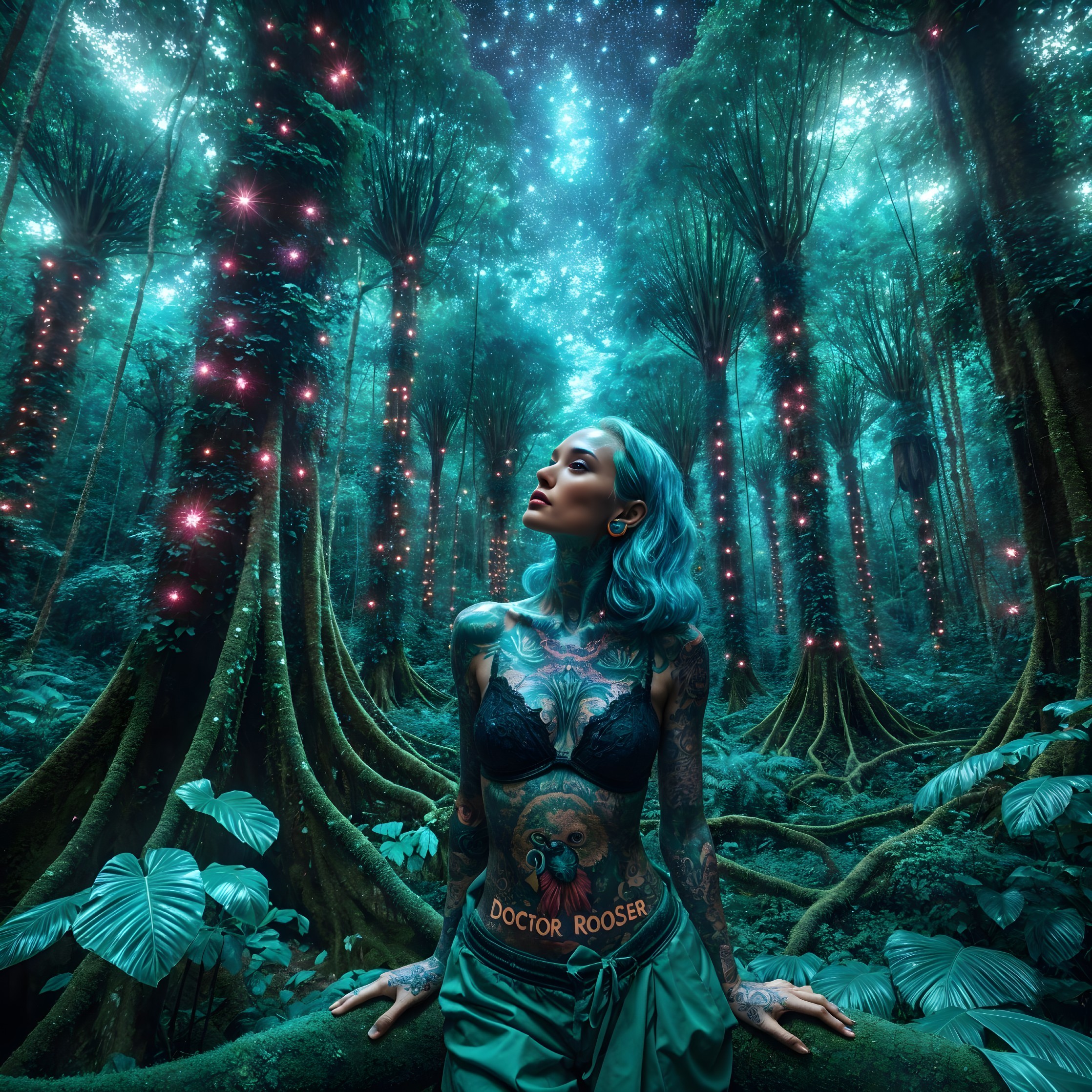 Mystical forest scene with a blue-haired woman