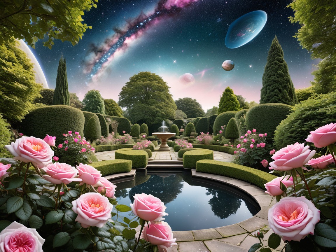Garden with Sculpted Hedges and Cosmic Sky Display