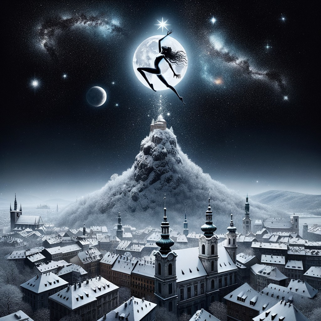 Fantastical Night Scene with Moon and Snowy Mountains