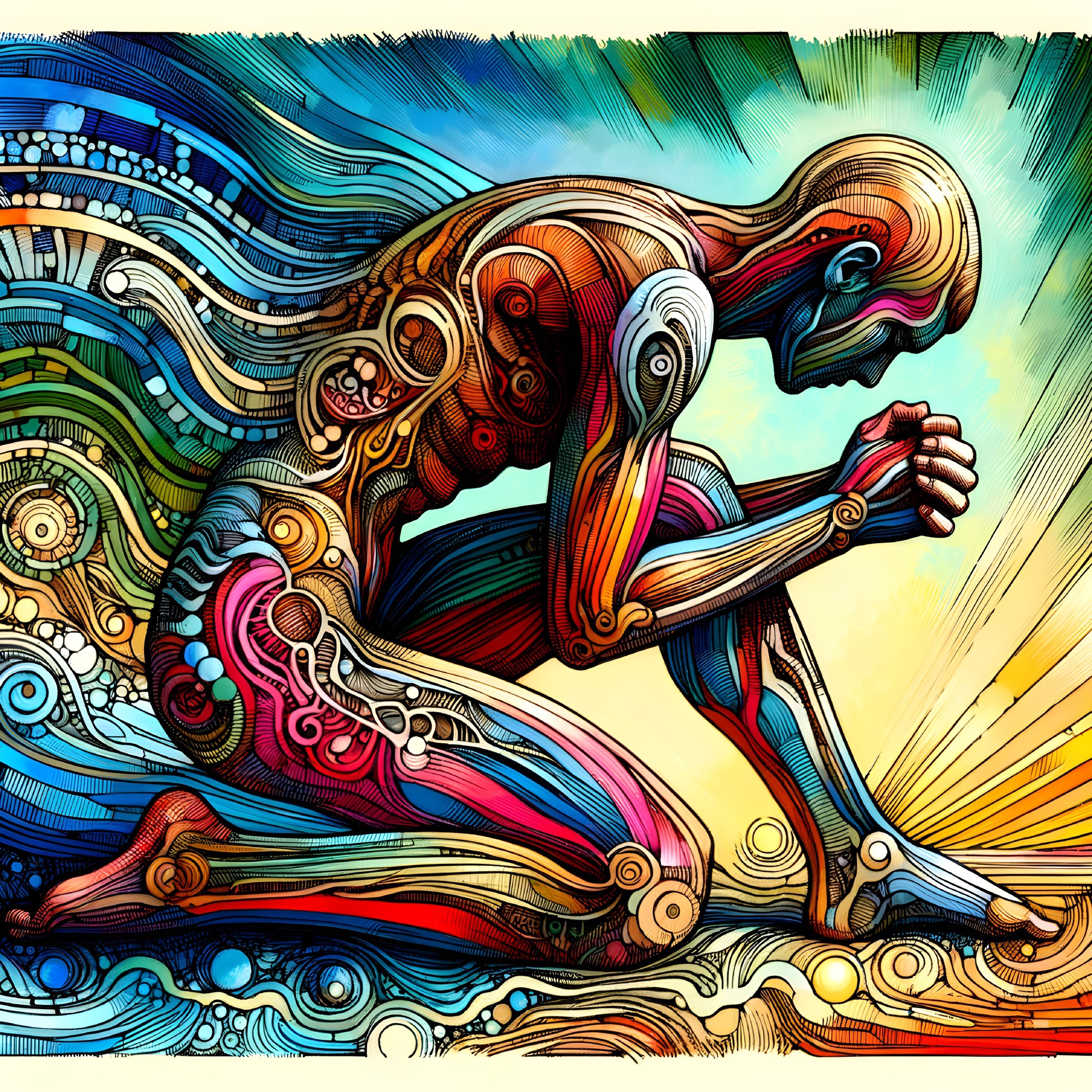 Abstract Kneeling Figure with Vibrant Patterns and Colors