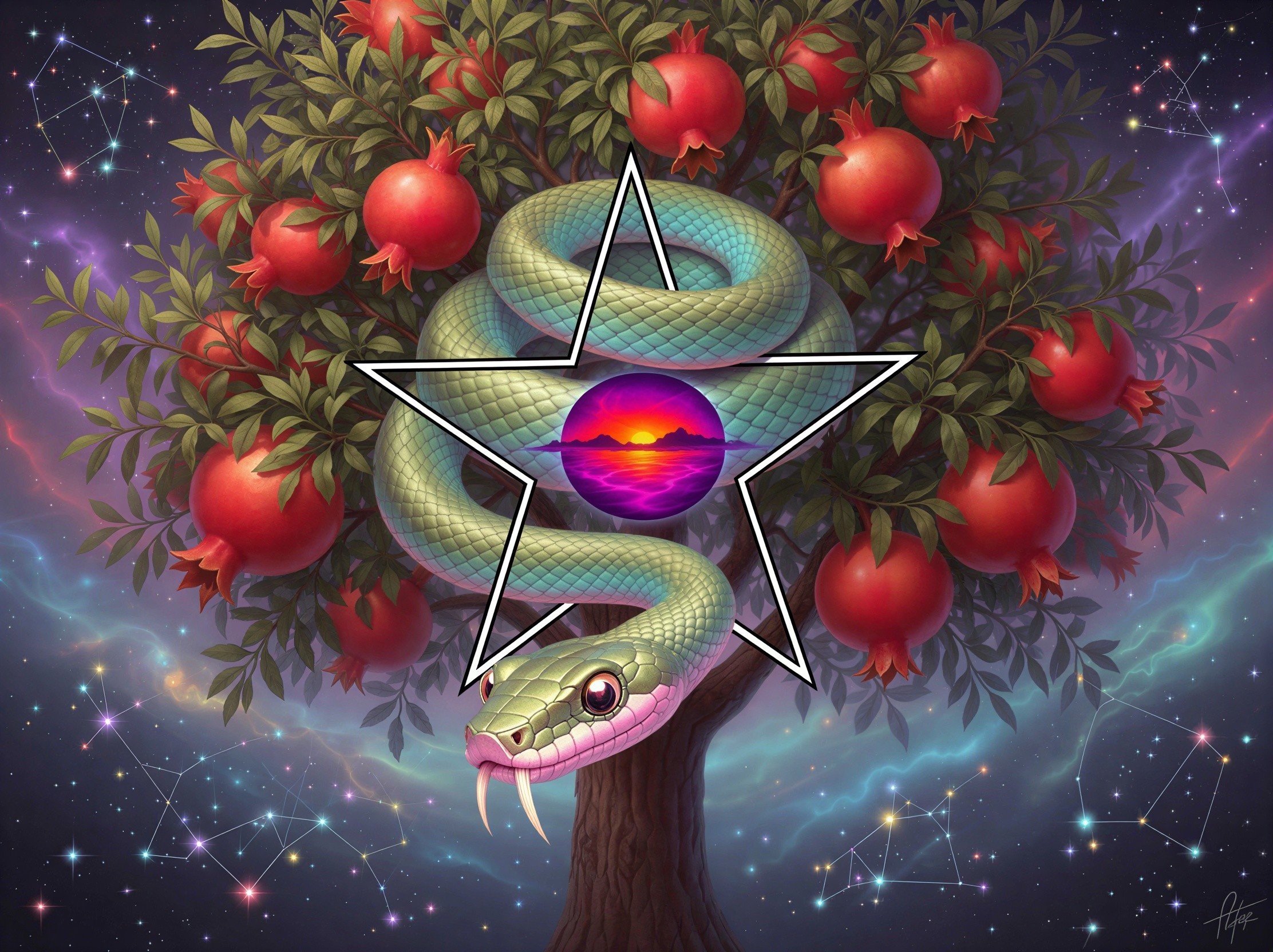 Digital Painting of Pomegranate Tree and Snake in Space