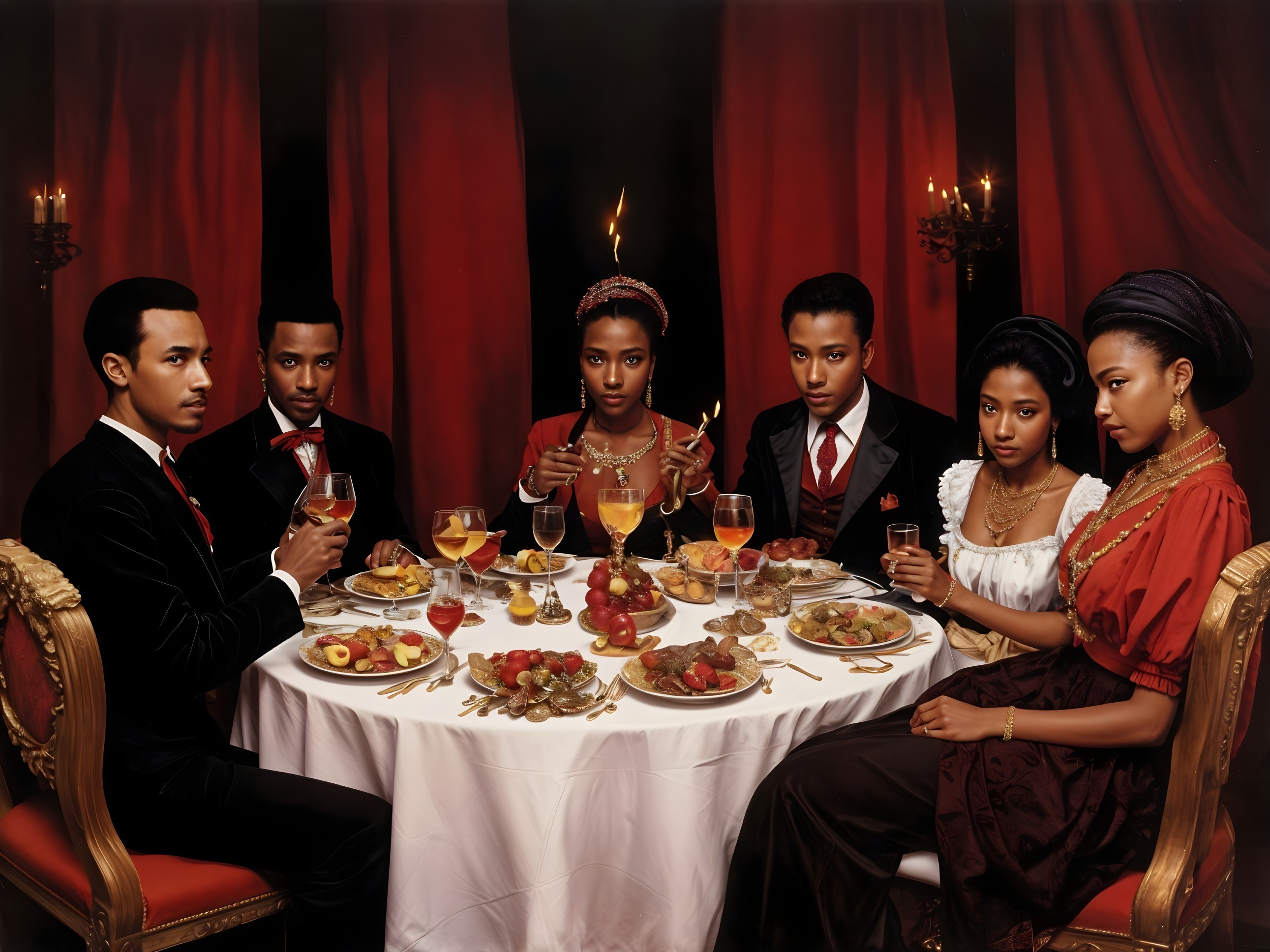 Regal Dining Scene with Elegantly Dressed Guests