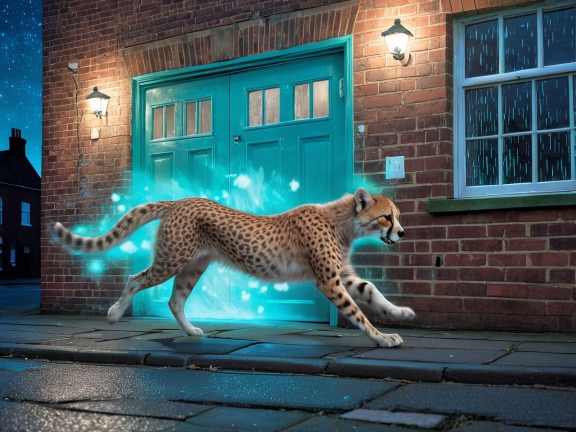 Cheetah Leaping on Cobblestone Street at Night