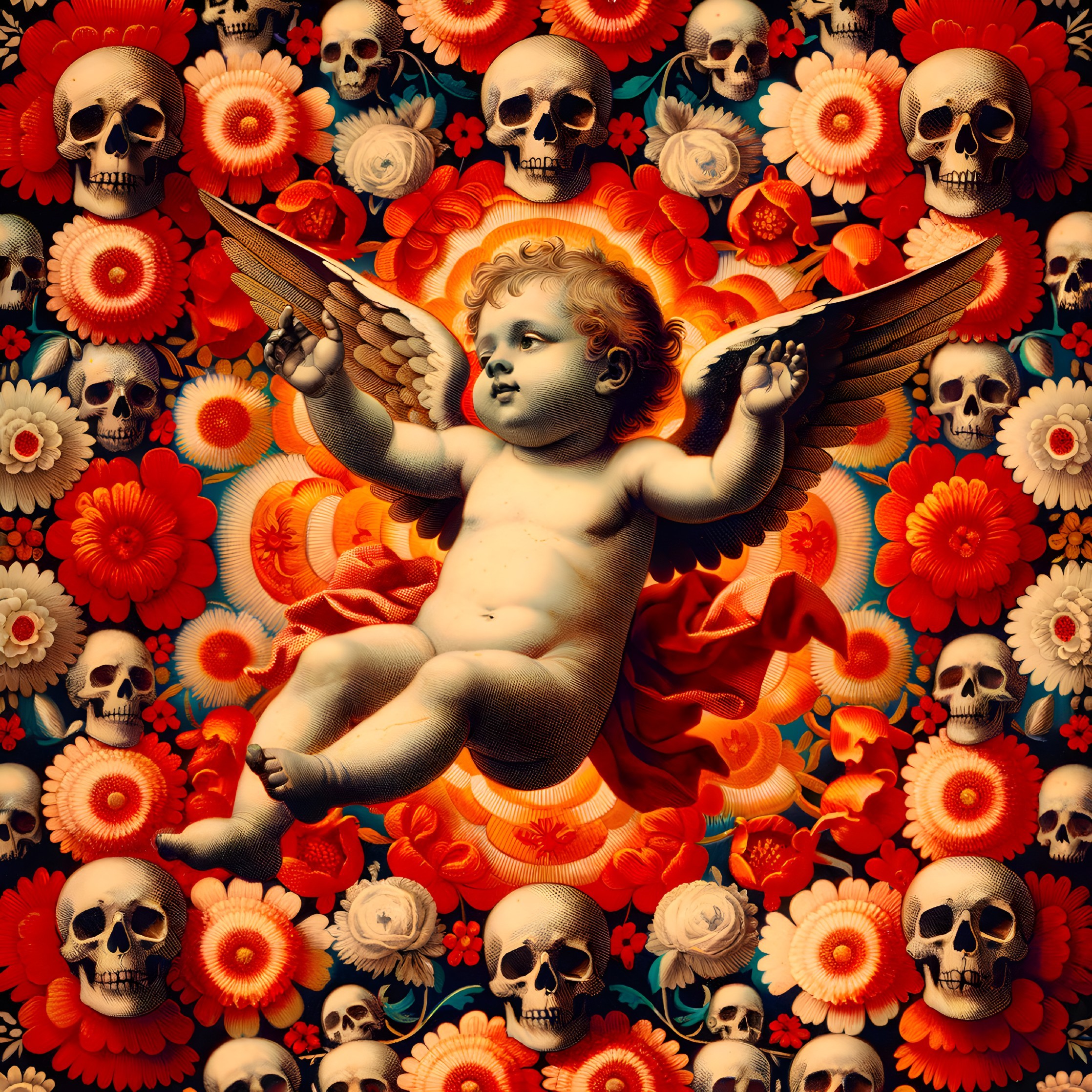 Cherubic Figure Surrounded by Flowers and Skulls