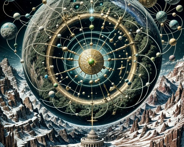 Cosmic Scene with Celestial Sphere and Mountain Landscape