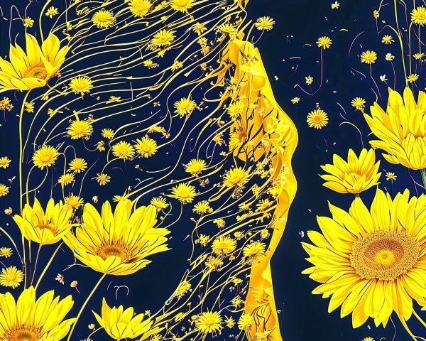 Silhouette of a Woman Entwined with Sunflowers