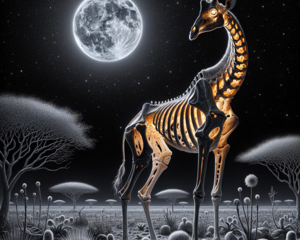 Glowing Skeletal Giraffe on Rocky Terrain at Night