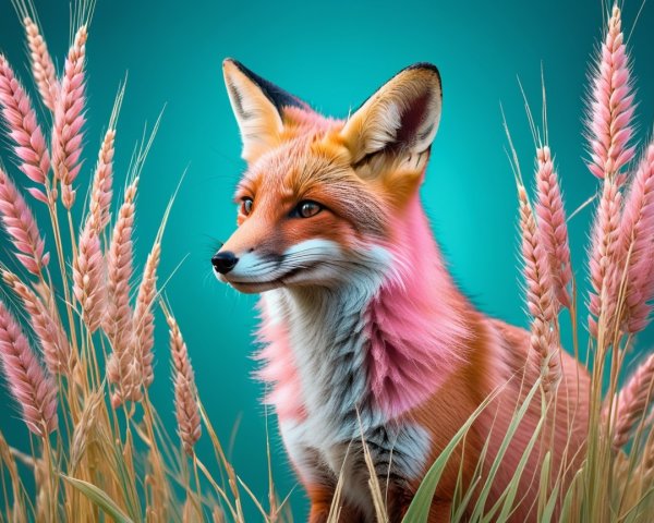 Red fox in wheat field with blue-green background