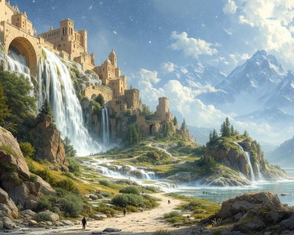 Majestic Castle Landscape with Waterfalls and Lake
