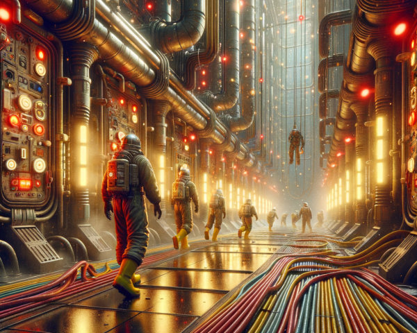 Astronauts Walking in a Dark Hallway with Colorful Lights