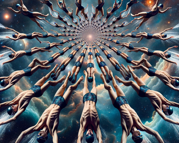 Male Swimmers Diving Through a Cosmic Backdrop