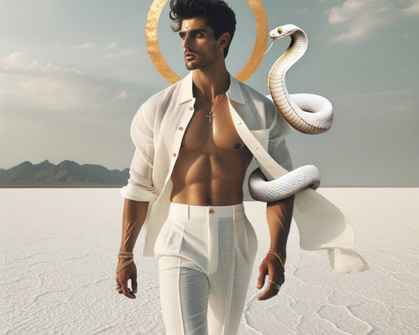 Man in White Shirt in Arid Landscape with Snake
