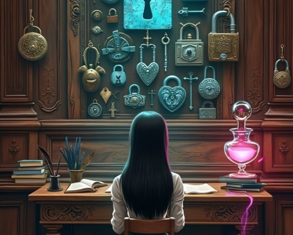 Wooden Room with Unique Locks and Glowing Potion