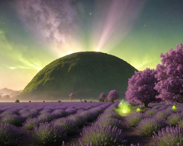 Vibrant Lavender Fields and Green Hill Landscape