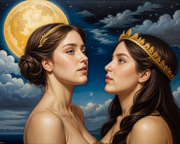 Elegant Women Under Moonlight in Dreamlike Setting