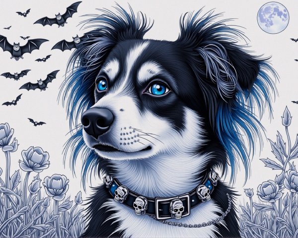 Black and White Dog Illustration with Gothic Elements