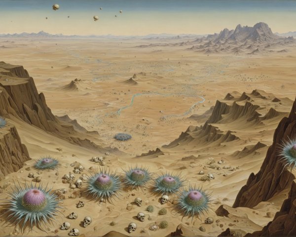 Surreal Desert Landscape with Alien Plants and Spheres