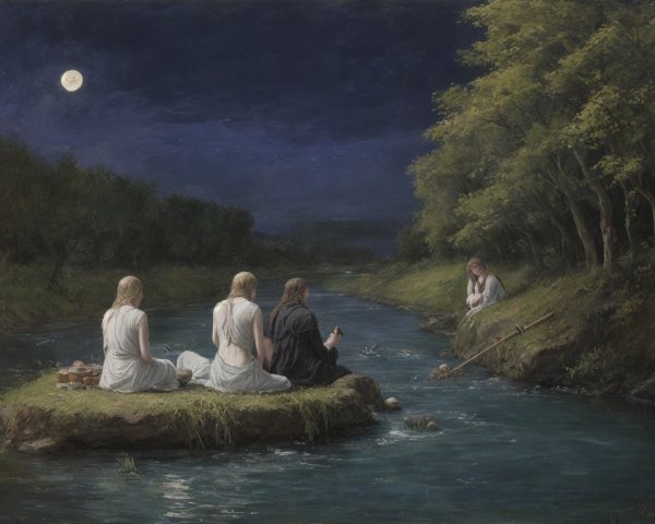 Moonlit Gathering of Figures by a Serene River