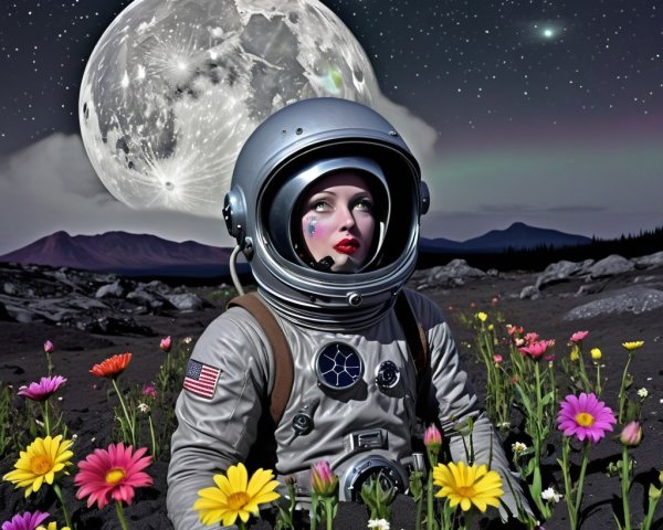 Astronaut in a Moonlit Flower Landscape with Stars