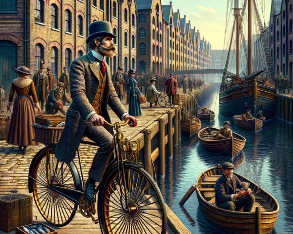 Historic Canal Scene with High-Wheel Bicycle and Warehouses