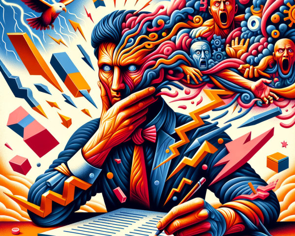 Surreal Illustration of a Thoughtful Man at Desk