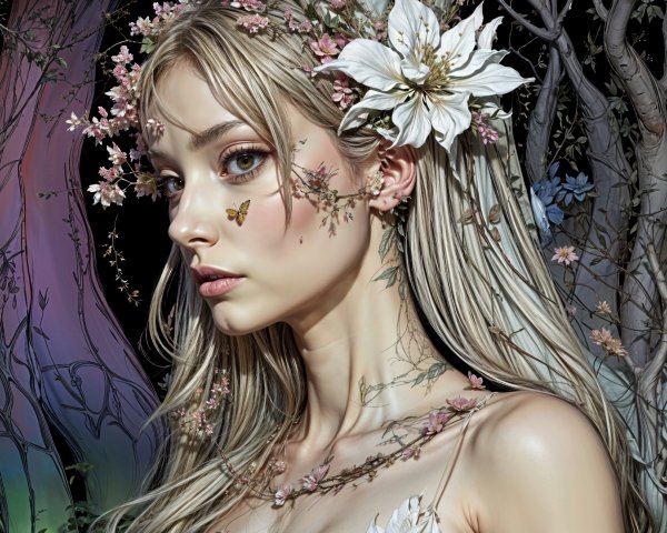 Young woman with flowers in a mystical forest setting