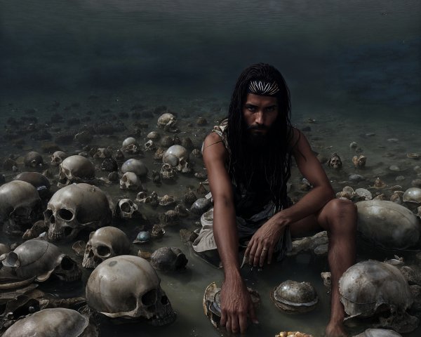 Man in Water Surrounded by Skulls and Turtle Shells