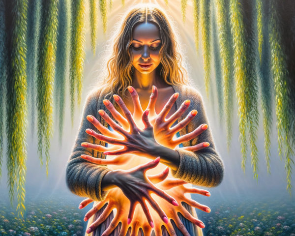 Surreal Artwork of a Meditative Woman with Glowing Hands