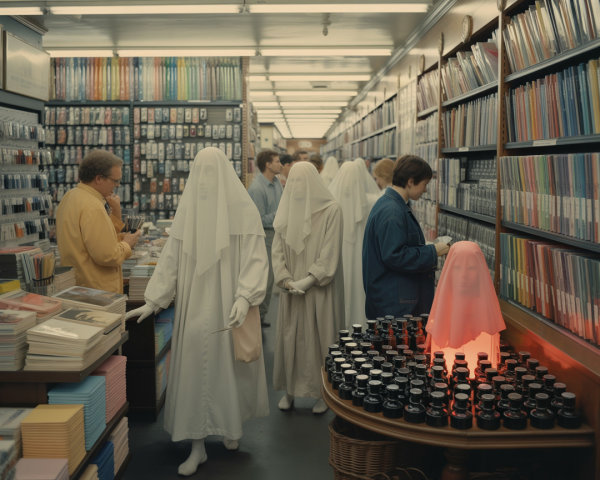 Art Supply Store with Ethereal Figures and Glow