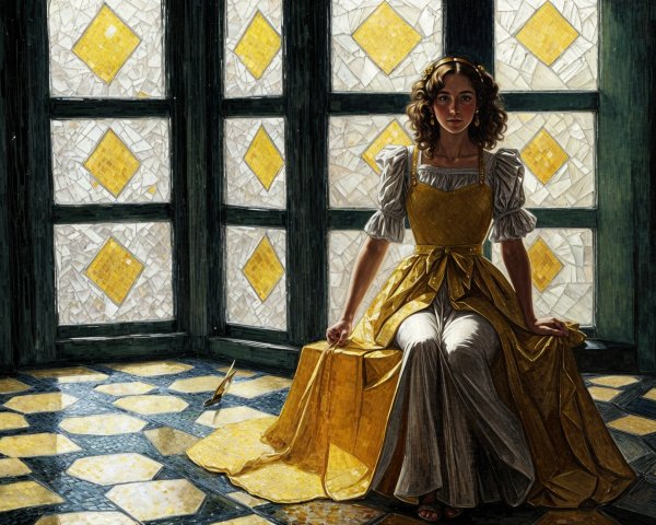 Young woman in yellow dress by stained glass window