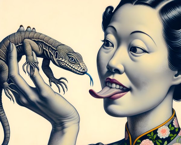 Woman in Floral Dress with Lizard and Whimsical Expression