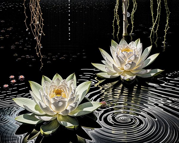 White Lotus Flowers on Reflective Dark Water