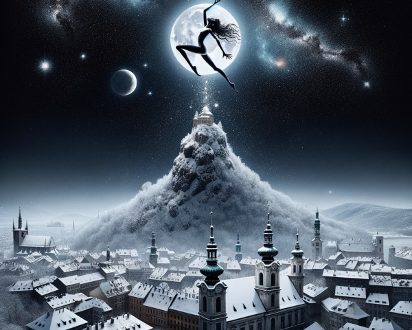 Fantastical Night Scene with Moon and Snowy Mountains