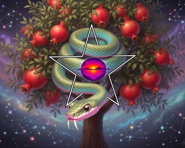 Digital Painting of Pomegranate Tree and Snake in Space