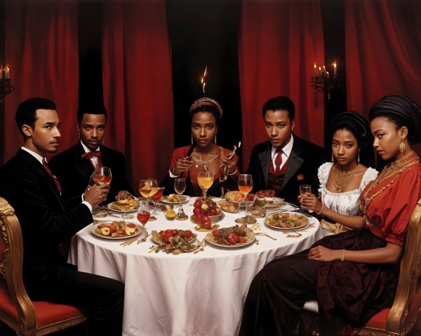 Regal Dining Scene with Elegantly Dressed Guests