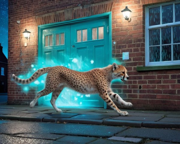 Cheetah Leaping on Cobblestone Street at Night