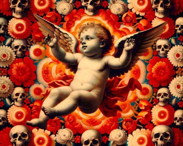 Cherubic Figure Surrounded by Flowers and Skulls