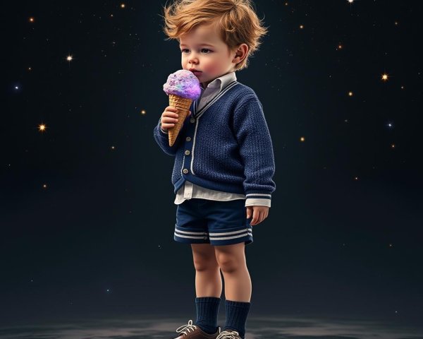 Young Boy with Ice Cream Cone Against Starry Background