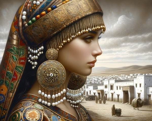 Profile of a Woman in Traditional Attire and Village Scene