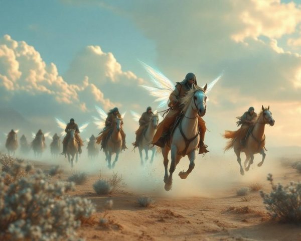Desert Riders with Wings in a Sunset Scene