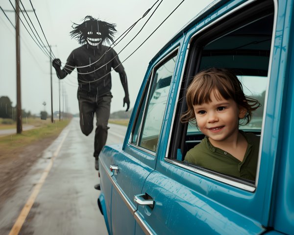 Child in vintage car contrasts with eerie figure on road