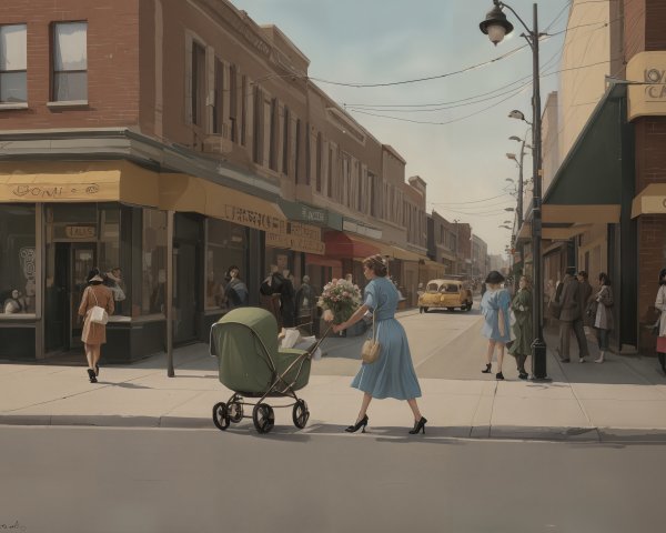 Urban street scene with woman, stroller, and flowers
