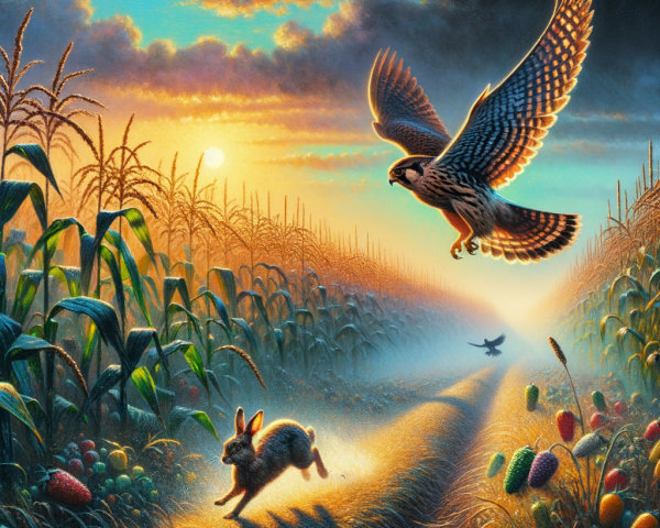 Rabbit and Hawk in a Serene Sunrise Landscape