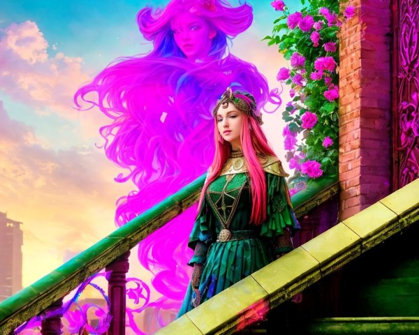 Regal figure on grand staircase with pink flowers