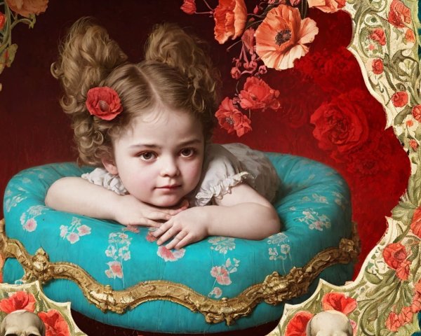 Young girl in white dress with floral and skull backdrop