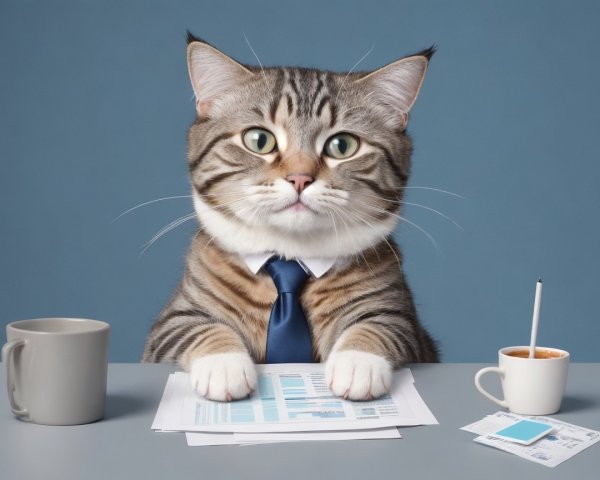 Cat in Formal Suit at Desk with Documents and Coffee