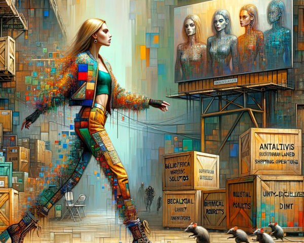 Vibrant Pixelated Urban Landscape with Fashionable Figure